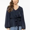 Billie The Label Big Love Navy Satin LS V Neck Tie Waist Top