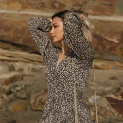 Among The Brave Full Of Life Black Ditsy Floral LS Balloon Sleeve Wrap Tiered Mini Dress Fashion