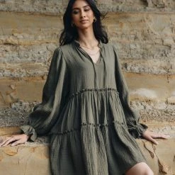 Ivy + Jack Billie Khaki Cotton LS Frill V Neck Tiered Mini Dress