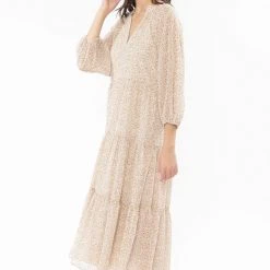 Leila + Luca Fashion Stellar Ivory Ditsy Flutter Sleeve V Neck Tiered Midi Dress