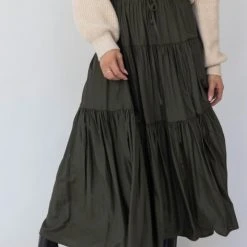 Among The Brave Sensational Dark Khaki Tiered Satin Tie Waist Maxi Skirt