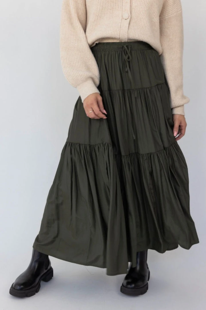 Among The Brave Sensational Dark Khaki Tiered Satin Tie Waist Maxi Skirt 4 Among The Brave Sensational Dark Khaki Tiered Satin Tie Waist Maxi Skirt