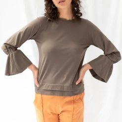 ReCreate Transit Frill Sleeve Taupe Cotton Top