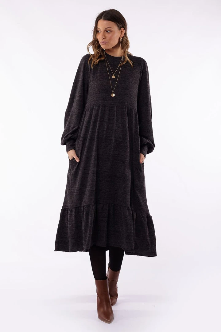 Foxwood Fashion Kensington Balloon LS Tiered Charcoal Marle Midi Dress 3 Foxwood Fashion Kensington Balloon LS Tiered Charcoal Marle Midi Dress