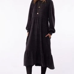 Foxwood Fashion Kensington Balloon LS Tiered Charcoal Marle Midi Dress