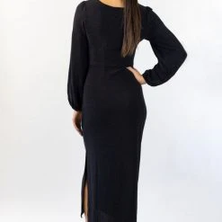 Among The Brave New Moon Black Shimmer LS Puff Sleeve Ring Midi Dress