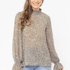 Seeking Lola Fashion Walk This Way Caramel Floral LS Shirred Top