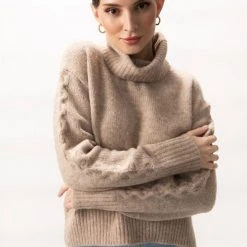 Among The Brave Soulful Mink Super Soft Cable Sleeve Raglan Cropped Roll Neck Knit Fashion
