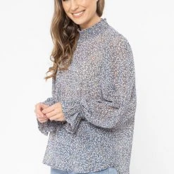 Seeking Lola Walk This Way Blue Floral LS Shirred Top Fashion