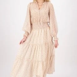 Ivy + Jack Fashion Charlie Natural Floral Crinkle LS Frill V Neck Tiered Midi Dress