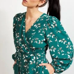 Drama The Label Tracey Green Tea Floral LS Wrap Midi Dress