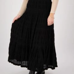 Ivy + Jack Charming Black Cotton Shirred Waist Tiered Maxi Skirt