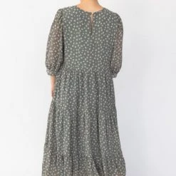 Among The Brave Fashion Lucid Sage Ditsy Floral Puff Sleeve Tiered Maxi Dress