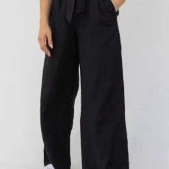 Among The Brave Galaxy Black Paper Bag Tie Waist Wide Leg Linen Pant