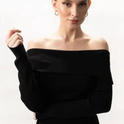 Among The Brave Fashion Sasha Black Off Shoulder Rib Knit Top