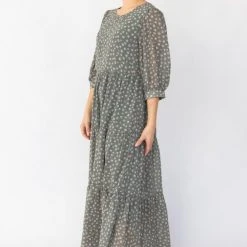Among The Brave Fashion Lucid Sage Ditsy Floral Puff Sleeve Tiered Maxi Dress