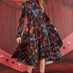 Coop Fashion Dressed To Frill Chain Black Print LS Midi Dress