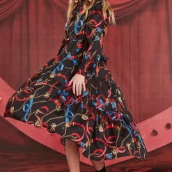 Coop Fashion Dressed To Frill Chain Black Print LS Midi Dress