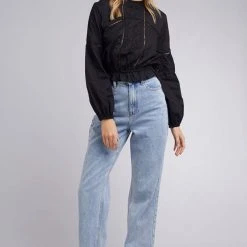 All About Eve Isla Black Poplin High Neck Lace Blouse