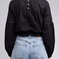 All About Eve Isla Black Poplin High Neck Lace Blouse