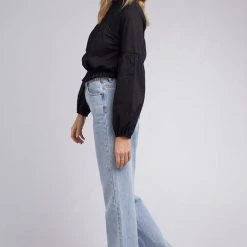 All About Eve Isla Black Poplin High Neck Lace Blouse