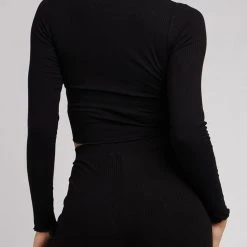 All About Eve Black Rib V Neck Tie LS Crop Top Fashion