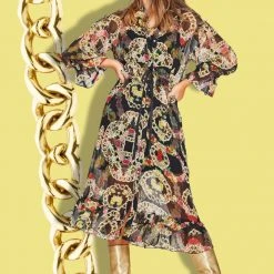 Coop Any Dream Frill Do Chain Black Print LS Midi Dress