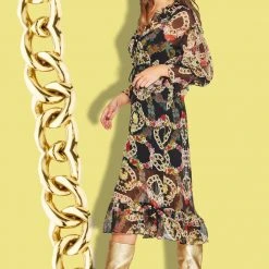 Coop Any Dream Frill Do Chain Black Print LS Midi Dress