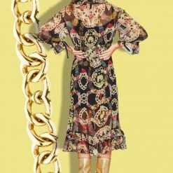 Coop Any Dream Frill Do Chain Black Print LS Midi Dress