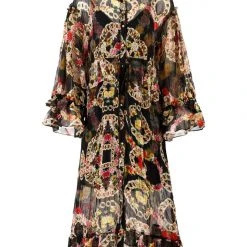 Coop Any Dream Frill Do Chain Black Print LS Midi Dress