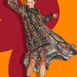 Coop State Of Lace Neck Black LS Midi Moonflower Dress