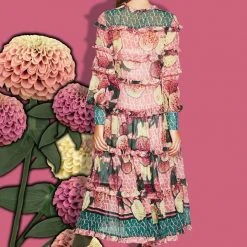 Coop Fashion Hang In Tier LS Frill Pink Zinnia Garden Midi Dress