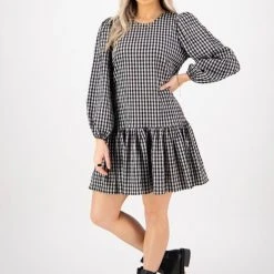 Ivy + Jack Emelia Black Check Mid Sleeve Smock Dress Fashion