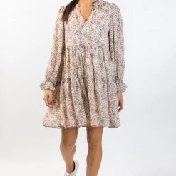 Ivy + Jack Fashion Billie Natural Animal LS Frill V Neck Tiered Mini Dress