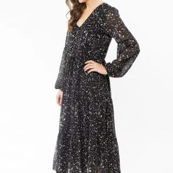 Seeking Lola Santa Maria Gold Glitter LS Tiered Midi Dress Fashion