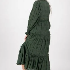 Ivy + Jack Fashion Jessie Hunter Green Shirred Cotton LS Tiered Midi Dress 9 Ivy + Jack Fashion Jessie Hunter Green Shirred Cotton LS Tiered Midi Dress