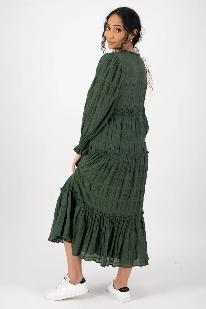 Ivy + Jack Fashion Jessie Hunter Green Shirred Cotton LS Tiered Midi Dress 6 Ivy + Jack Fashion Jessie Hunter Green Shirred Cotton LS Tiered Midi Dress