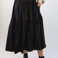 Among The Brave Fashion Sensational Black Tiered Satin Tie Waist Maxi Skirt