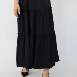 Among The Brave Fashion Tamara Black Tie Waist Tiered Jersey Midi Skirt