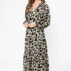 Seeking Lola Composed Khaki Leopard Mid Sleeve Frill V Neck Tiered Midi Dress