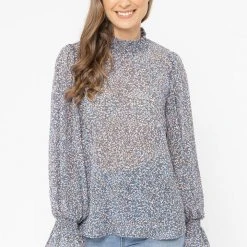 Seeking Lola Walk This Way Blue Floral LS Shirred Top Fashion