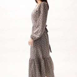 Among The Brave Fashion Ocean Black Ditsy Floral LS Balloon Sleeve Wrap Tiered Midi Dress