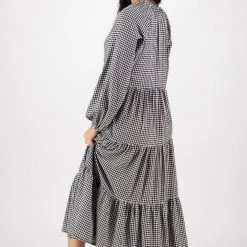 Among The Brave Aida Black Gingham LS Puff Sleeve Button Front Tiered Maxi Dress