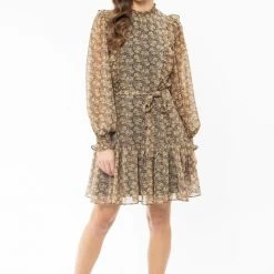 Seeking Lola Wondrous Marigold Petal LS High Neck Frill Smock Dress Fashion