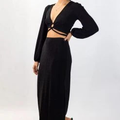 Among The Brave Interstellar Black Shimmer High Split Midi Skirt