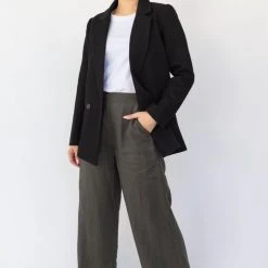 Among The Brave Freedom Dark Khaki Flat Front Deep Waistband Wide Leg Linen Pant Fashion
