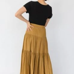 Among The Brave Sensational Gold Tiered Satin Tie Waist Maxi Skirt Fashion