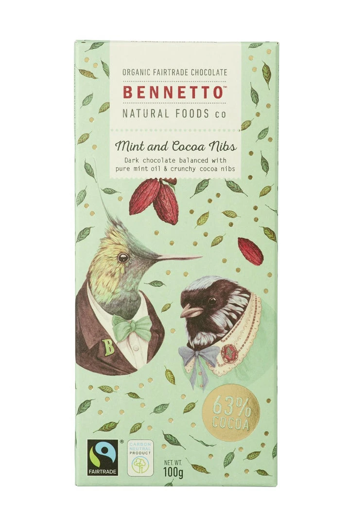 Bennetto Fairtrade Chocolate Mint + Cocoa Nibs (Mint) 100gm Home & Beauty 3 Bennetto Fairtrade Chocolate Mint + Cocoa Nibs (Mint) 100gm Home & Beauty