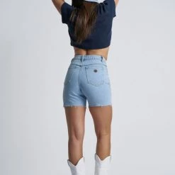 Abrand Jeans Fashion A Claudia Cut Off Mid Thigh Walk Away Blue Denim Short