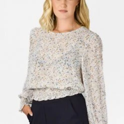 Among The Brave Fashion Pure Ivory Ditsy Botanic LS Georgette Puff Sleeve Shirred Hem Top
